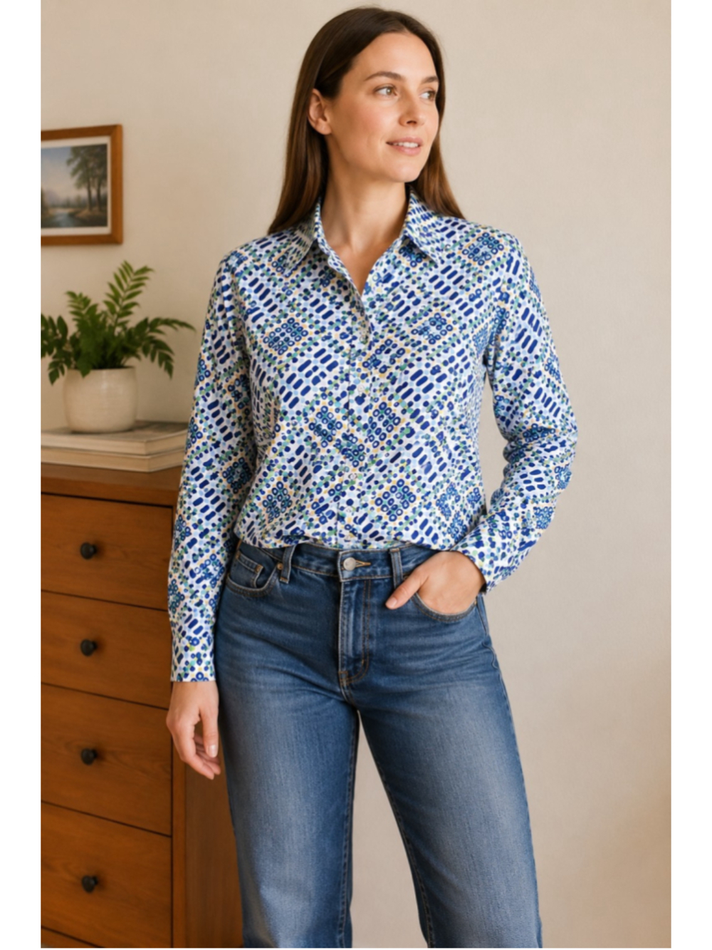 Vintage 70s Mod‎ Geometric Blouse XL Blue Green Yellow Psychedelic Shirt - Picture 2 of 5